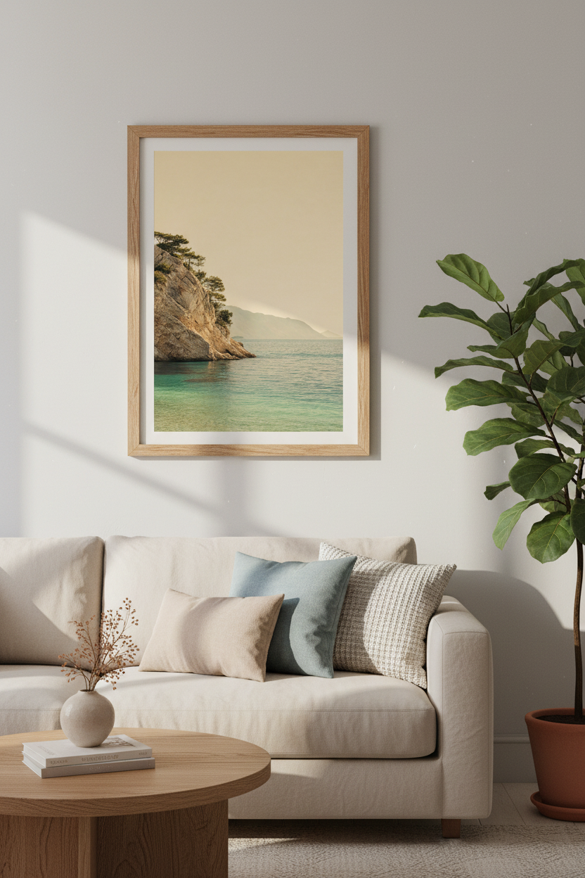 Mediterranean Coast Wall Art Print | Teal Ocean Cliff Decor | Minimalist Vintage Poster