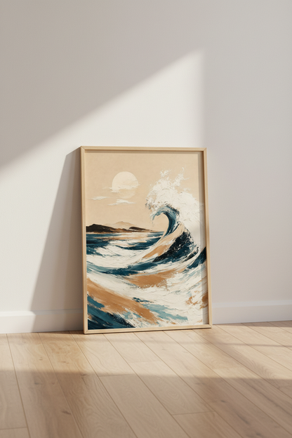 Abstract Ocean Wave Print | Neutral Coastal Landscape, Modern Beach House Wall Art