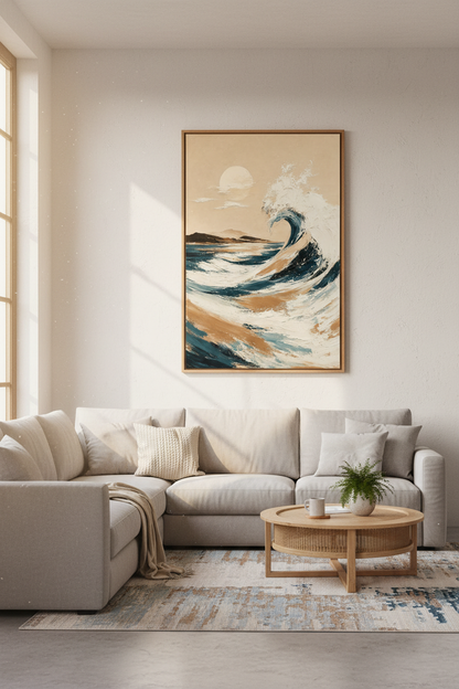 Abstract Ocean Wave Print | Neutral Coastal Landscape, Modern Beach House Wall Art