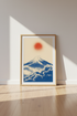 Mount Fuji Japanese Wall Art | Blue & Red Minimalist Print, Zen Living Room Decor