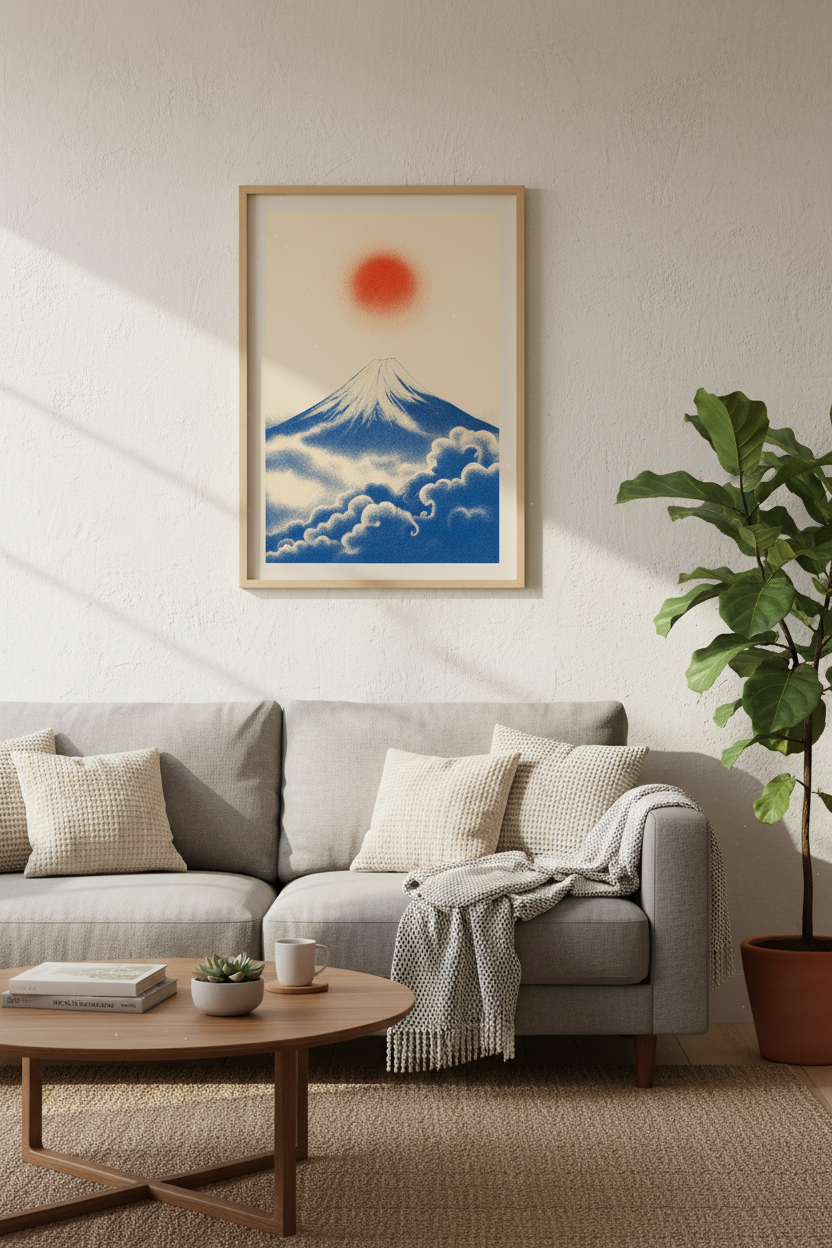 Mount Fuji Japanese Wall Art | Blue &amp; Red Minimalist Print, Zen Living Room Decor