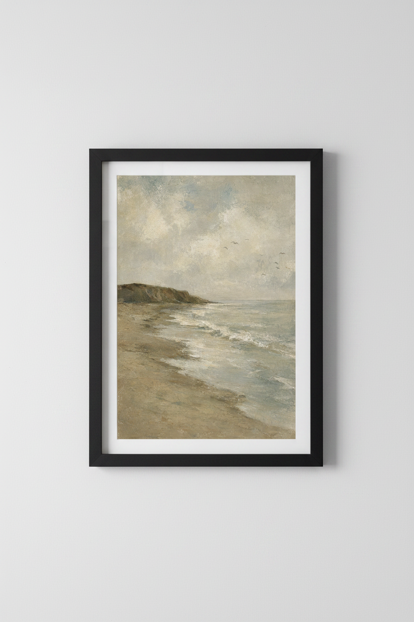 Vintage Beach Landscape | Muted Coastal Oil Painting, Living Room Decor