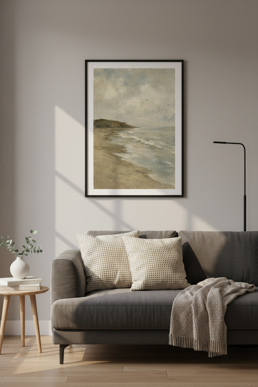Vintage Beach Landscape | Muted Coastal Oil Painting, Living Room Decor