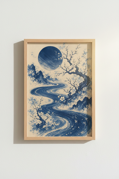 Japanese Landscape Print | Indigo Blue Ink Poster, Zen Mountain Wall Art