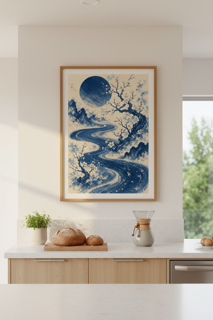 Japanese Landscape Print | Indigo Blue Ink Poster, Zen Mountain Wall Art