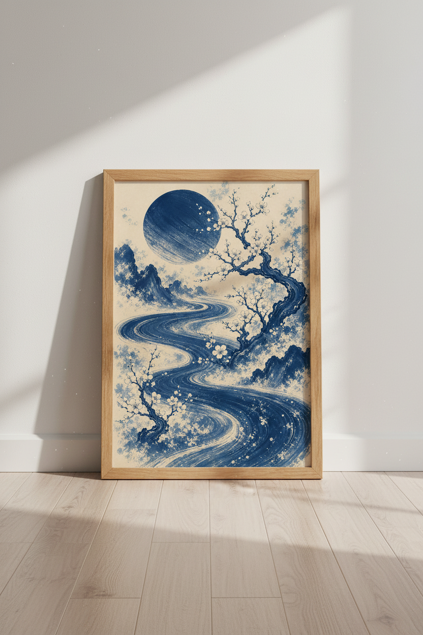 Japanese Landscape Print | Indigo Blue Ink Poster, Zen Mountain Wall Art