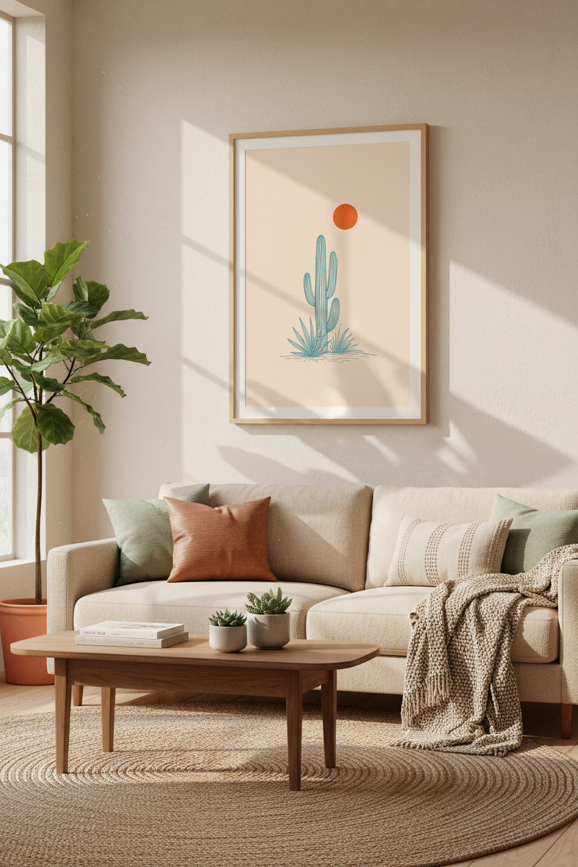 Saguaro Cactus Art | Minimalist Blue Line Desert Poster, Boho Living Room Decor