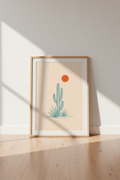 Saguaro Cactus Art | Minimalist Blue Line Desert Poster, Boho Living Room Decor