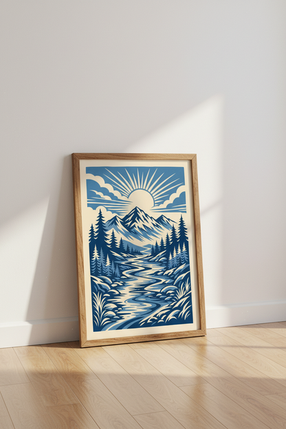Blue Mountain Landscape Wall Art | Linocut Style Nature Print, Modern Cabin Decor Art