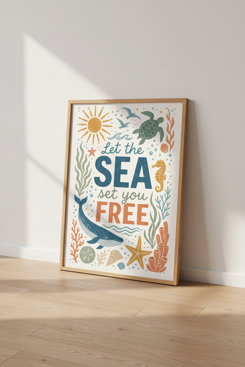 Ocean Life Quote Wall Art | Coastal Nautical Poster, Beach House Nursery Decor