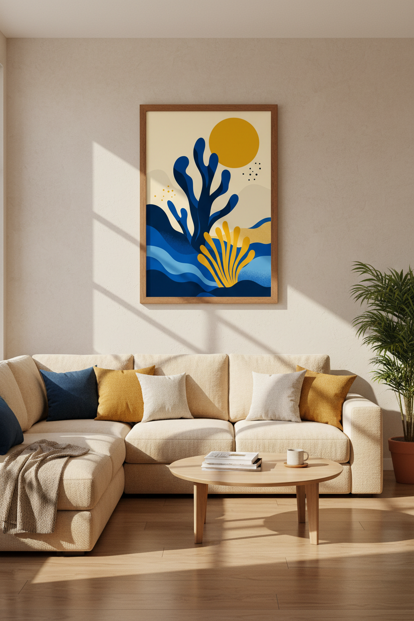 Abstract Coral Reef Wall Art | Blue &amp; Gold Coastal Decor | Modern Sea Poster