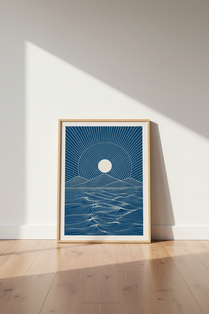 Boho Sun &amp; Ocean Waves Wall Art | Navy Blue Landscape, Modern Coastal Poster