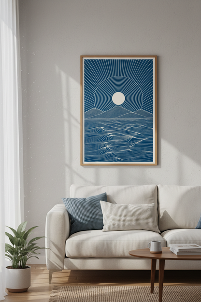 Boho Sun &amp; Ocean Waves Wall Art | Navy Blue Landscape, Modern Coastal Poster