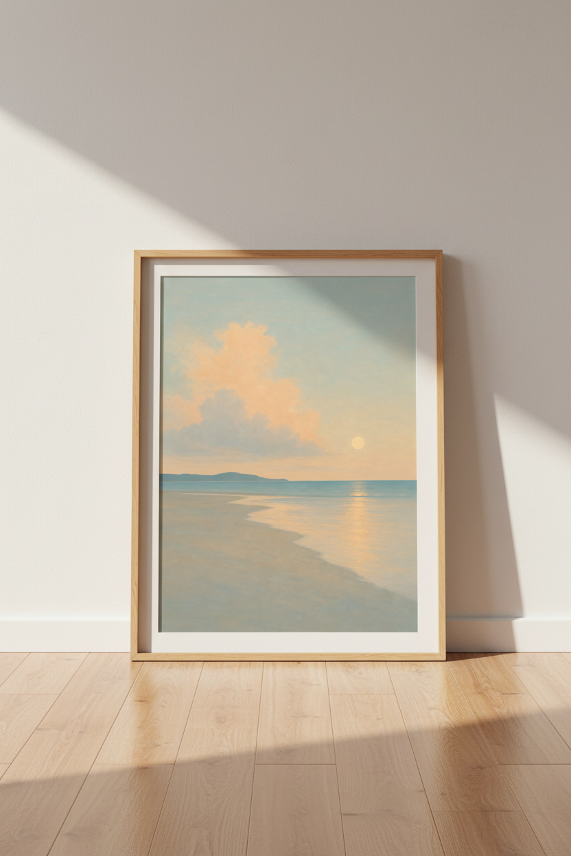 Beach Sunset Wall Art Print | Pastel Coastal Landscape | Serene Bedroom Poster
