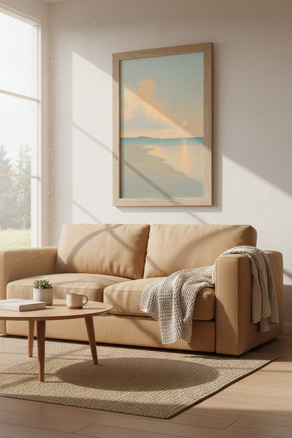 Beach Sunset Wall Art Print | Pastel Coastal Landscape | Serene Bedroom Poster