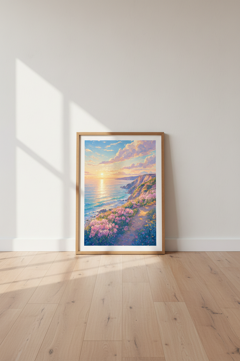 Coastal Sunset Landscape Art | Pastel Pink Ocean &amp; Flowers, Bedroom Wall Decor
