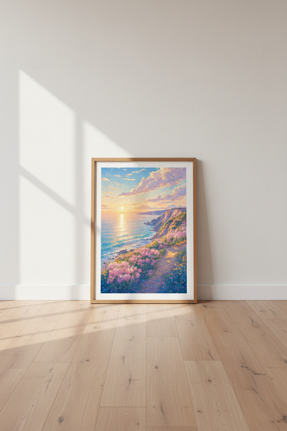Coastal Sunset Landscape Art | Pastel Pink Ocean &amp; Flowers, Bedroom Wall Decor