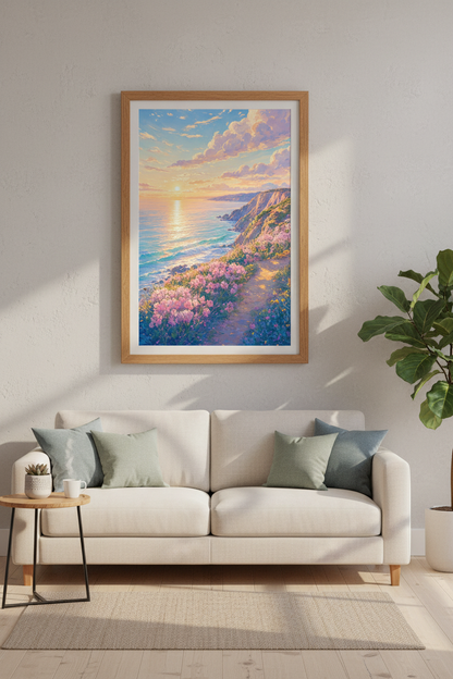 Coastal Sunset Landscape Art | Pastel Pink Ocean &amp; Flowers, Bedroom Wall Decor