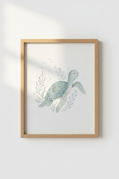 Watercolor Sea Turtle Wall Art Print | Nursery Decor | Coastal Blue Nursery Poster