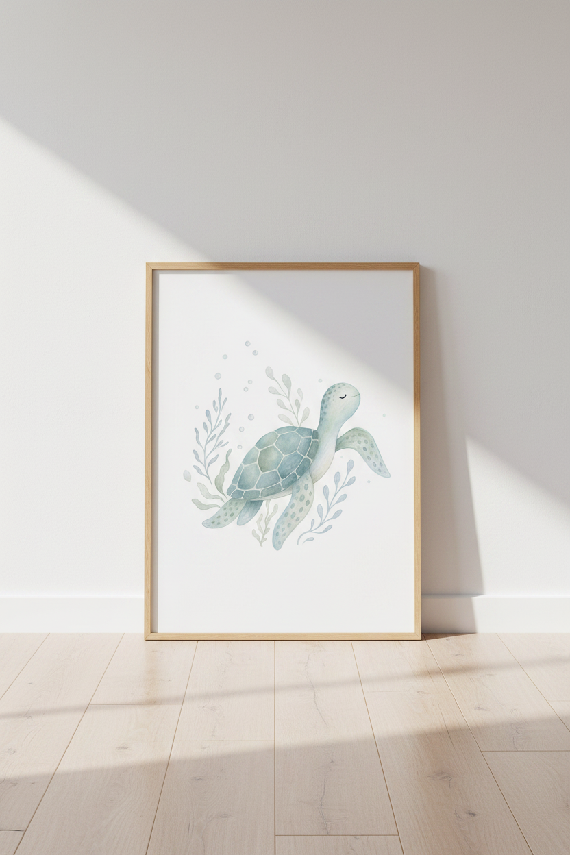 Watercolor Sea Turtle Wall Art Print | Nursery Decor | Coastal Blue Nursery Poster