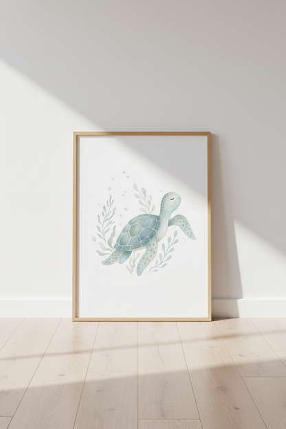 Watercolor Sea Turtle Wall Art Print | Nursery Decor | Coastal Blue Nursery Poster