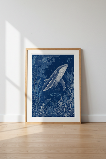 Blue Whale Nautical Wall Art Print | Ocean Nursery Decor | Coastal Navy Poster