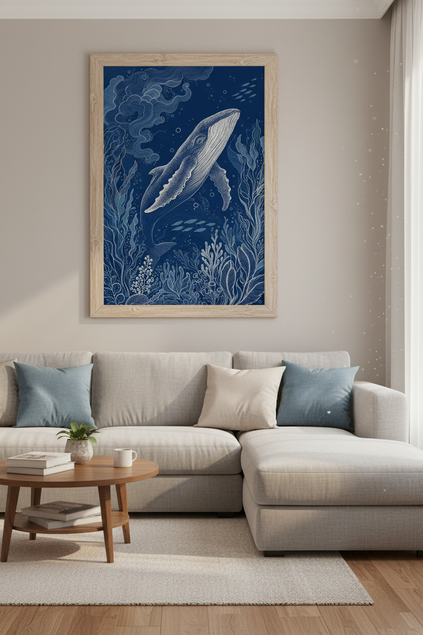 Blue Whale Nautical Wall Art Print | Ocean Nursery Decor | Coastal Navy Poster