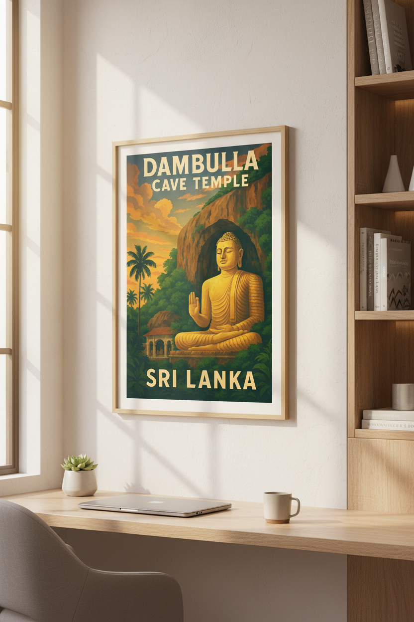Retro Travel Dambulla Cave Temple Wall Art Print | Boho Living Room Decor | Sri Lanka Buddha Poster Gift