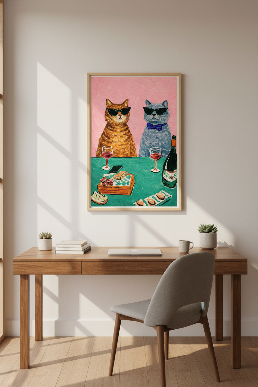 Eclectic Cat Painting Wall Art Print | Funny Animal Dining Room Decor | Maximalist Kitchen Poster, Cat Lover Gift
