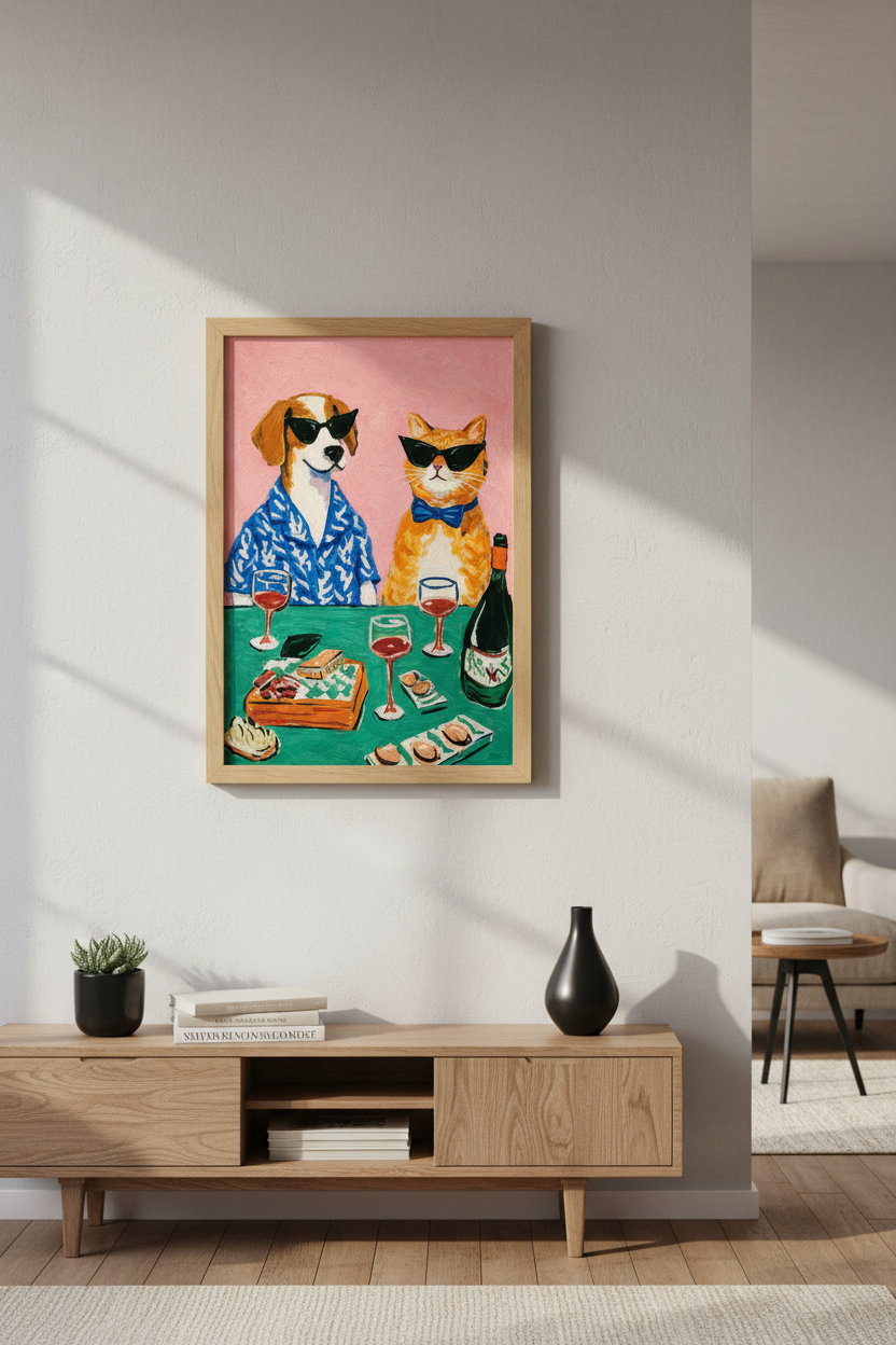 Funky Pet Friends Wall Art Print | Eclectic Bar Decor | Vibrant Aesthetic Poster | Dog Cat Sunglasses Wine | Maximalist Gift