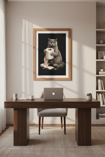 Humorous Cat Toilet Paper Wall Art Print | Bathroom Decor | Funny Pet Poster | British Shorthair Lover Gift