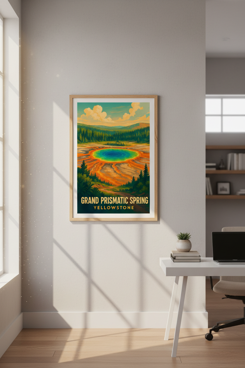 Retro Travel Grand Prismatic Spring Yellowstone Wall Art Print | Living Room Decor | National Park Poster Gift