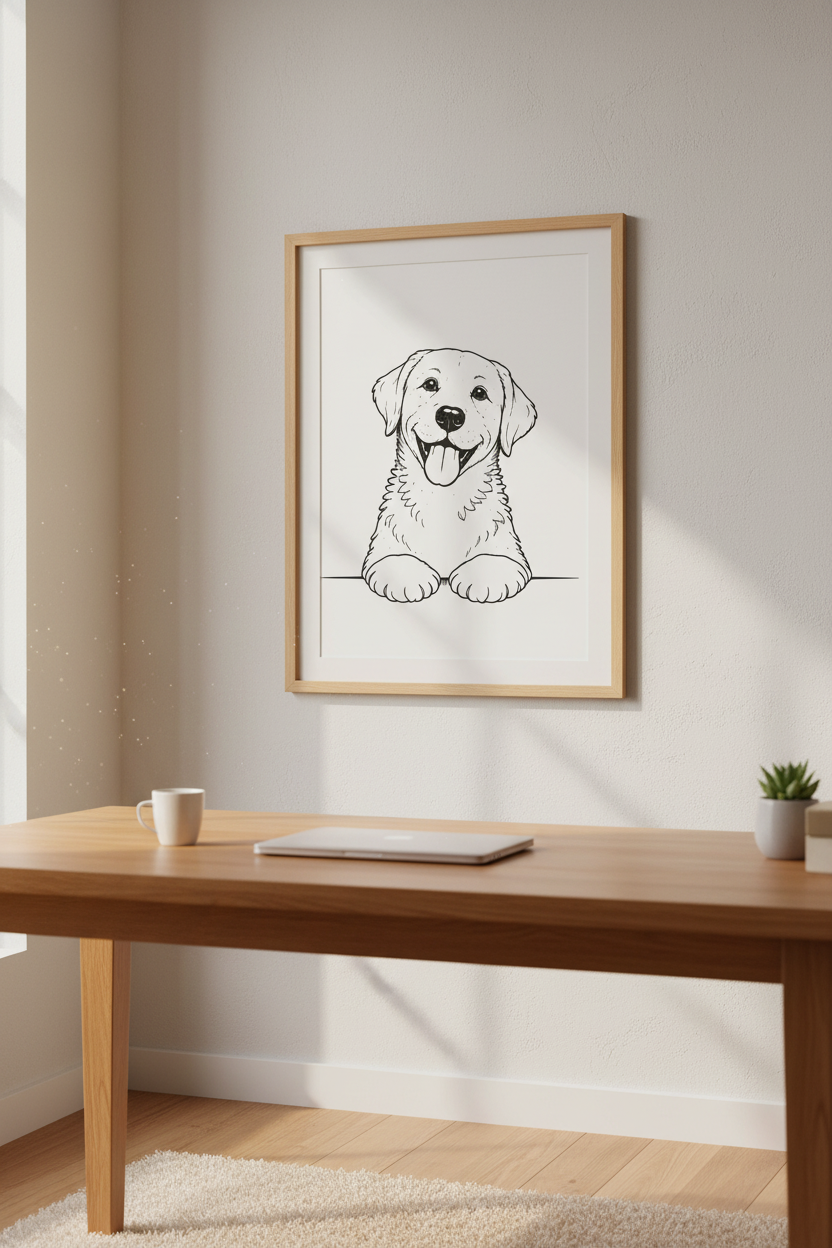 Minimalist Labrador Puppy Wall Art Print | Nursery Decor | Happy Doggy Sketch Poster | Black and White Line Art | Pet Lover Gift