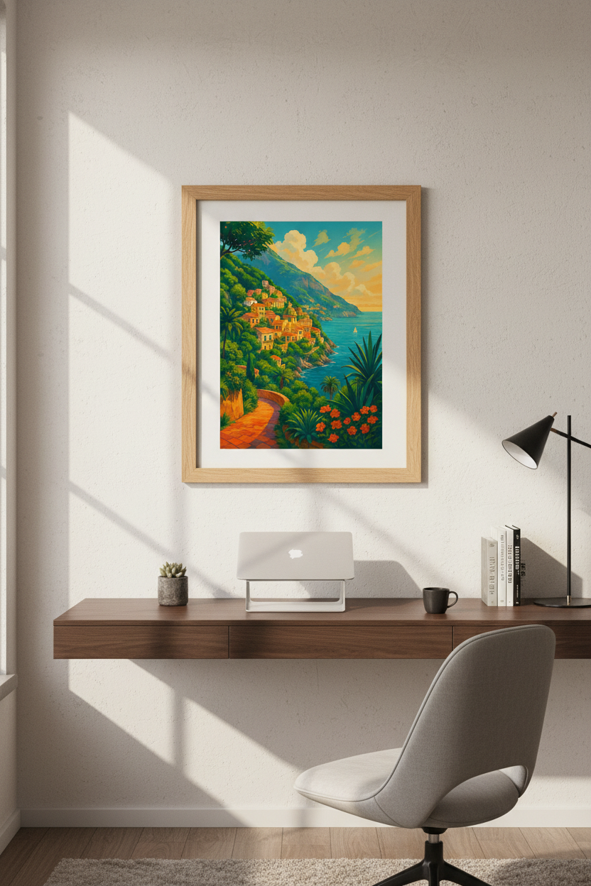 Vibrant Mediterranean Coastal Town Wall Art Print | Boho Living Room Decor | Italian Riviera Poster | Summer Home Aesthetic