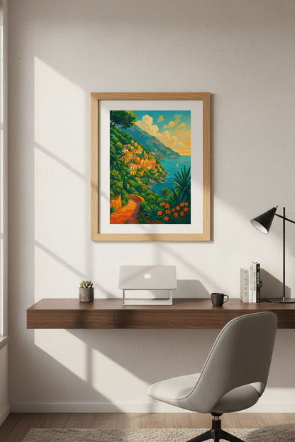 Vibrant Mediterranean Coastal Town Wall Art Print | Boho Living Room Decor | Italian Riviera Poster | Summer Home Aesthetic