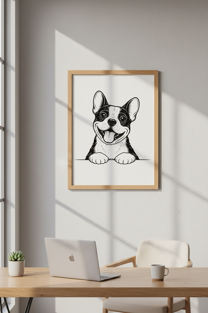 Minimalist French Bulldog Wall Art Print | Pet Themed Decor | Cute Bulldog Poster | Dog Lover Gift | Black &amp; White Happy Puppy