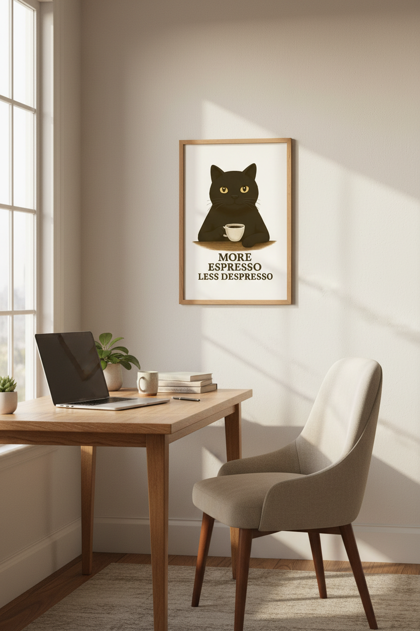 Humorous Black Cat Coffee Art Print | Kitchen Decor | Cozy Minimalist Poster | More Espresso Less Despresso Wall Decor