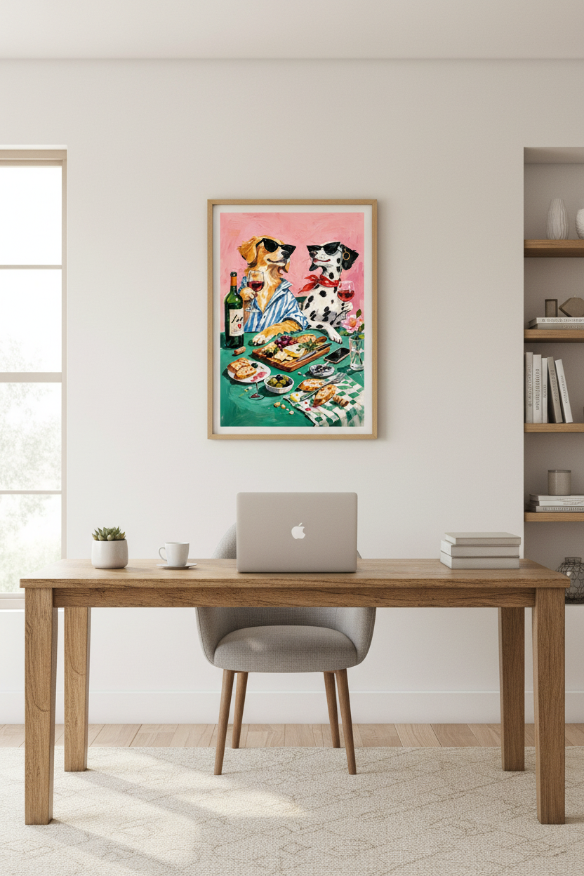 Funky Dog Wine Night Wall Art Print | Boho Kitchen Decor | Eclectic Pet Lover Poster | Framed Unframed Digital