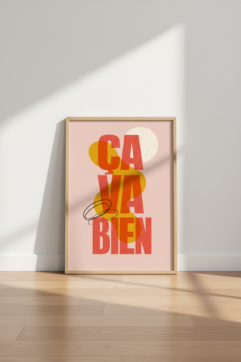 French Typography Ça Va Bien Art Print | Pink Coral Poster, Modern Living Room Decor