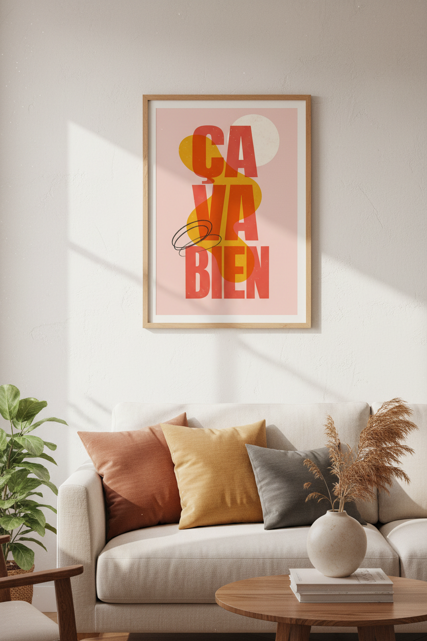 French Typography Ça Va Bien Art Print | Pink Coral Poster, Modern Living Room Decor