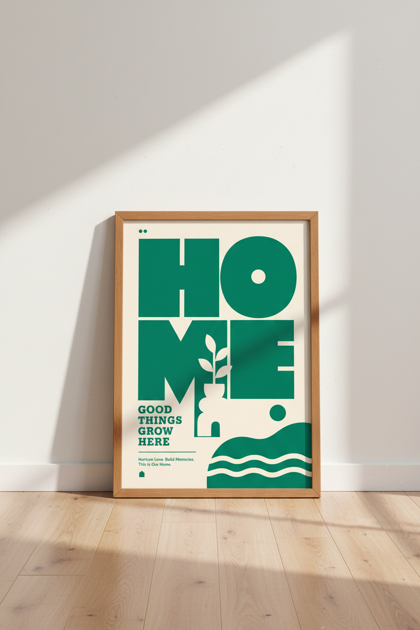 Home Typography Art Print | Green &amp; Cream Minimalist Poster, Entryway Decor
