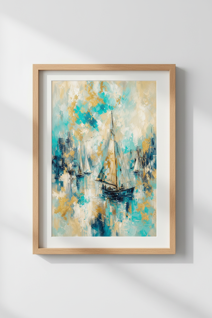 Boho Sailboat Wall Art Print | Teal Gold Abstract, Coastal Living Room Decor | Oceanic