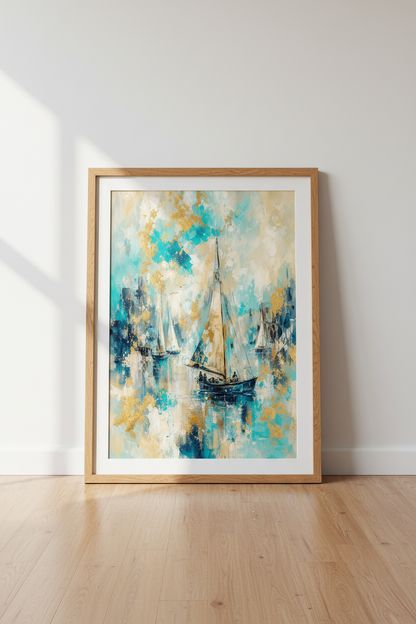 Boho Sailboat Wall Art Print | Teal Gold Abstract, Coastal Living Room Decor | Oceanic