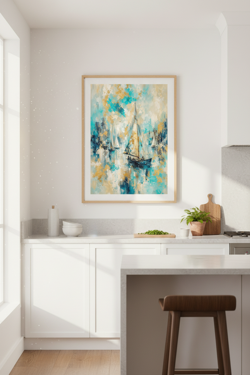 Boho Sailboat Wall Art Print | Teal Gold Abstract, Coastal Living Room Decor | Oceanic
