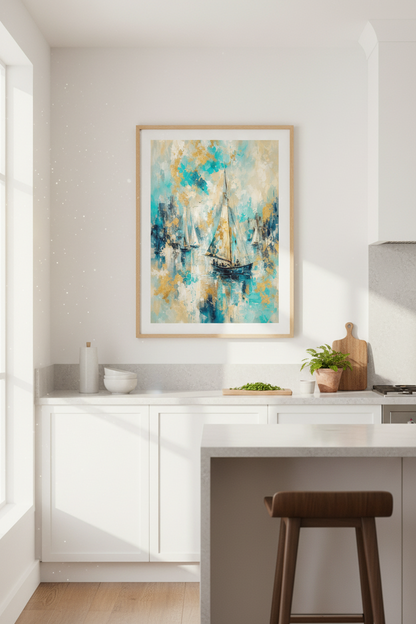 Boho Sailboat Wall Art Print | Teal Gold Abstract, Coastal Living Room Decor | Oceanic