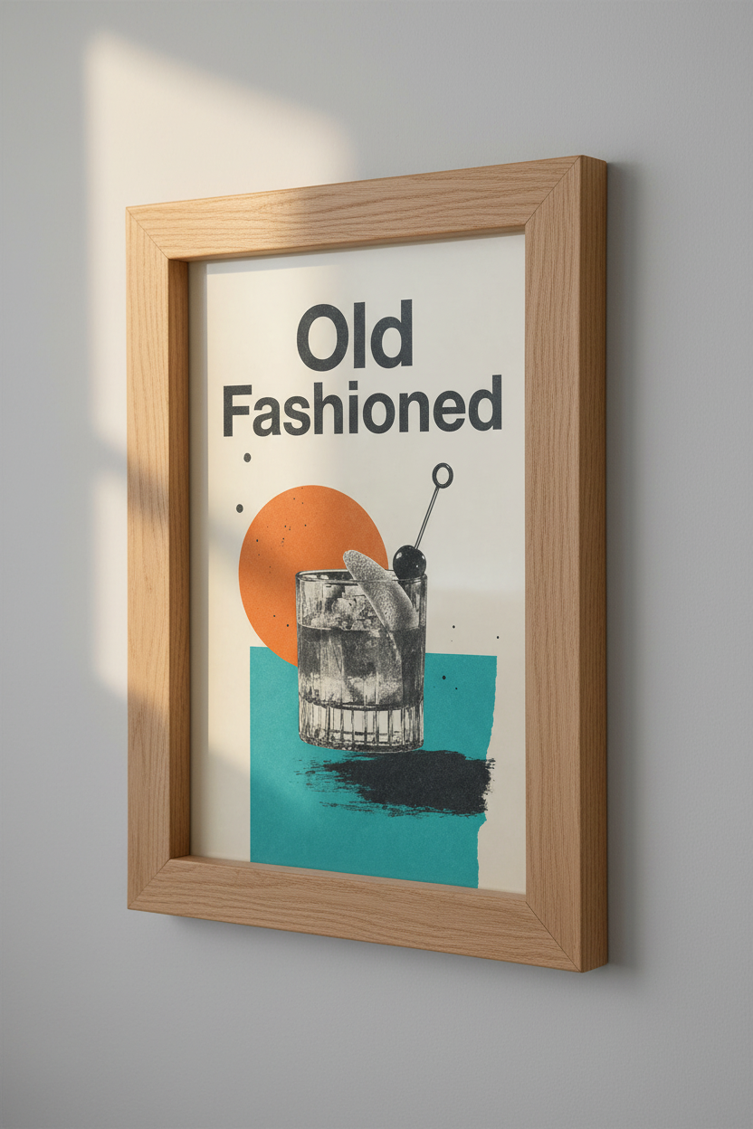 Old Fashioned Cocktail | Retro Graphic Art Print, Home Bar Decor