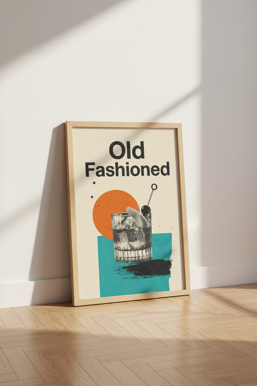Old Fashioned Cocktail | Retro Graphic Art Print, Home Bar Decor