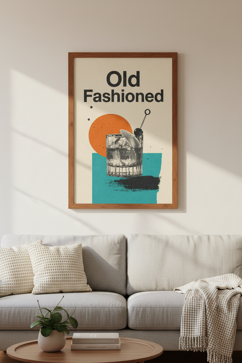 Old Fashioned Cocktail | Retro Graphic Art Print, Home Bar Decor