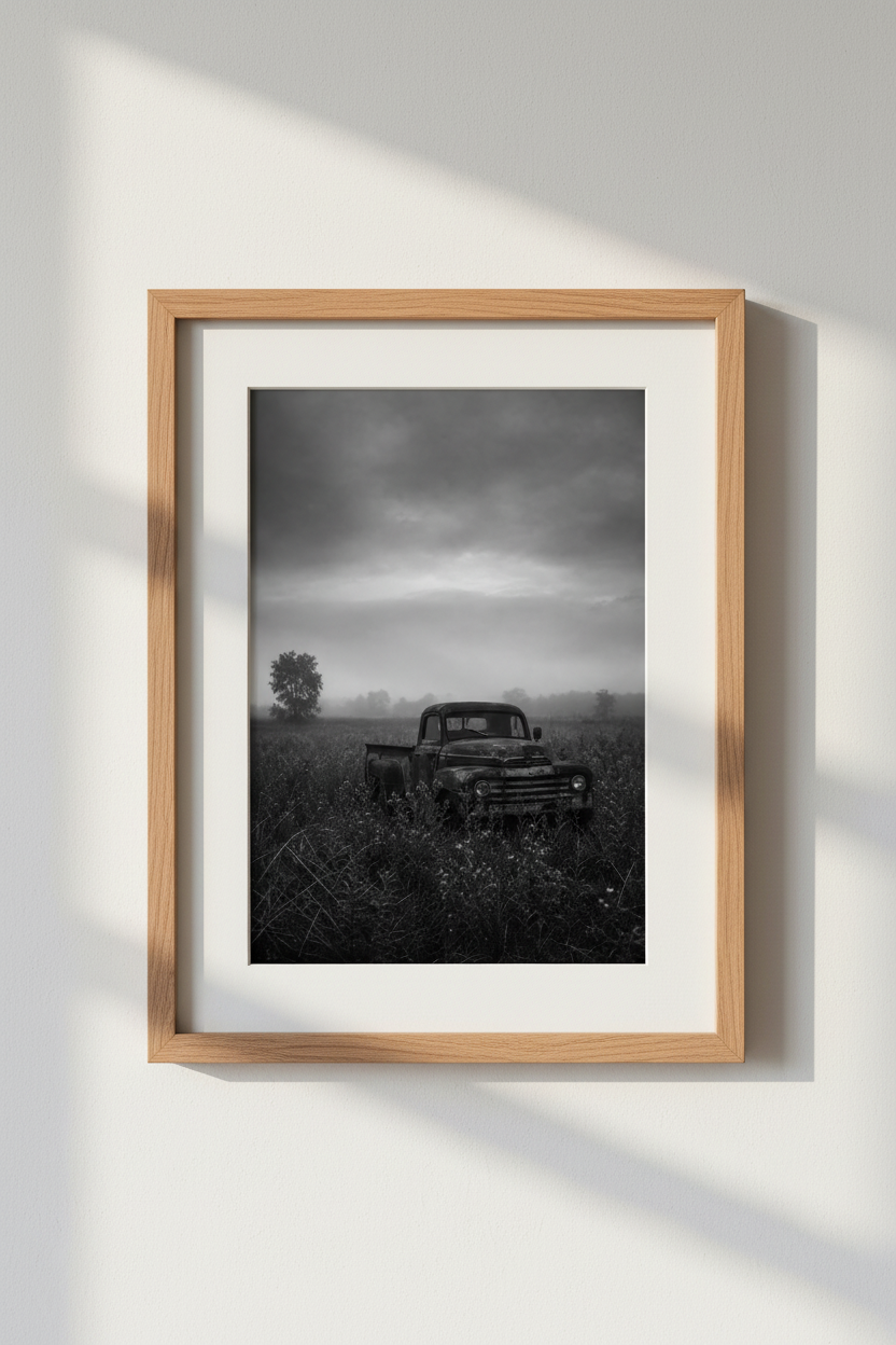 Rustic Farmhouse Wall Art | Vintage Truck Poster, Black and White Moody Country Decor