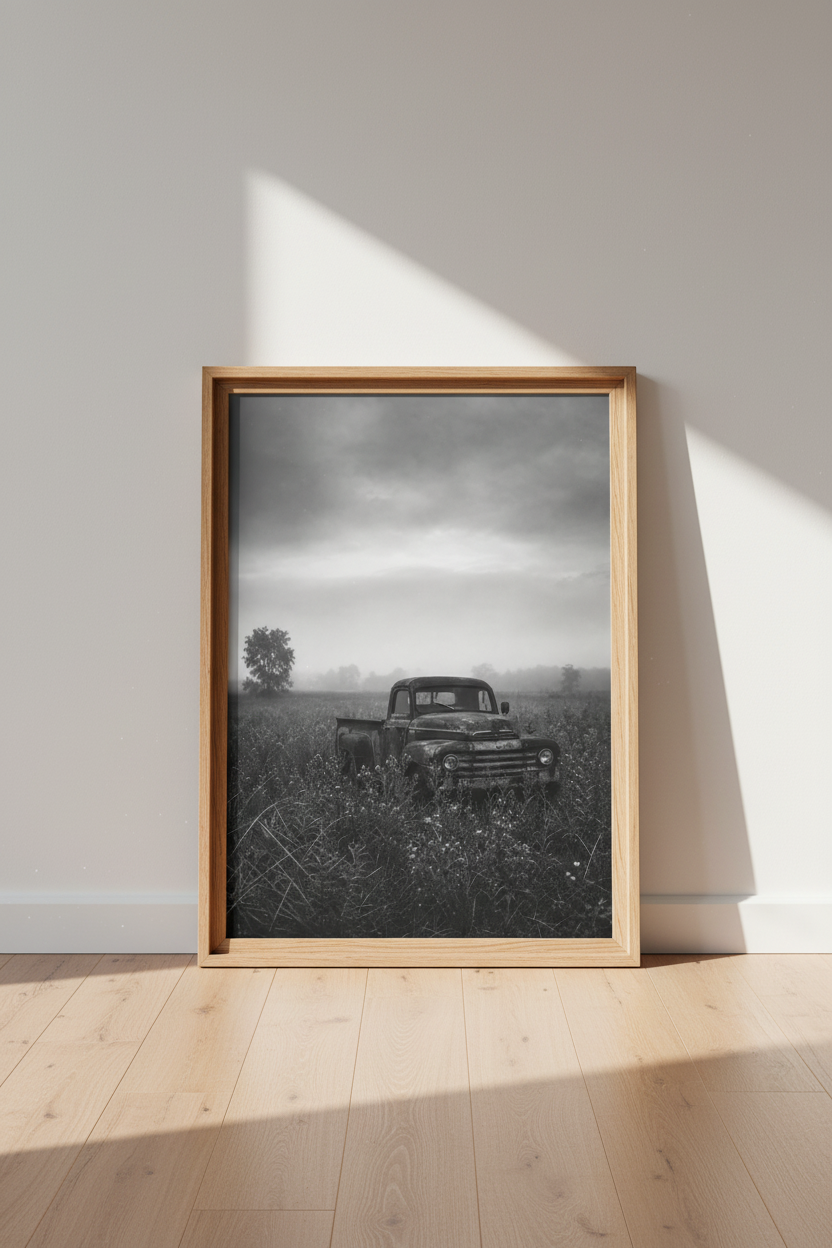 Rustic Farmhouse Wall Art | Vintage Truck Poster, Black and White Moody Country Decor